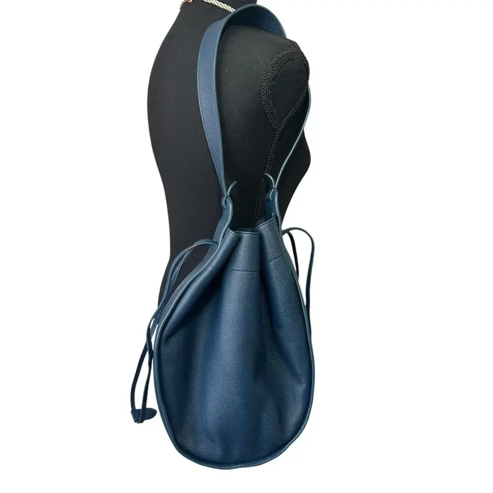 The Row XL Drawstring Hobo Shoulder Bag Marine Blue Pebbled Leather Bucket Bag